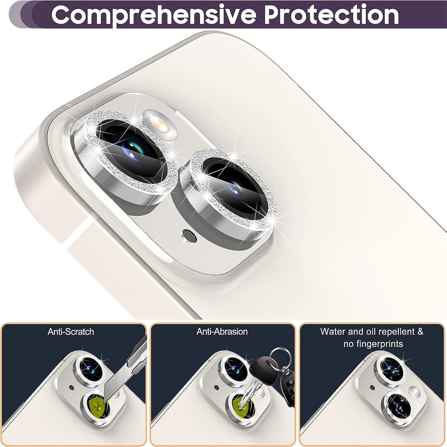 Uniqkart for iPhone 15 / 15 Plus Camera Lens Protector Set Glitter Metal Ring Tempered Glass Back Lens Film - Silver