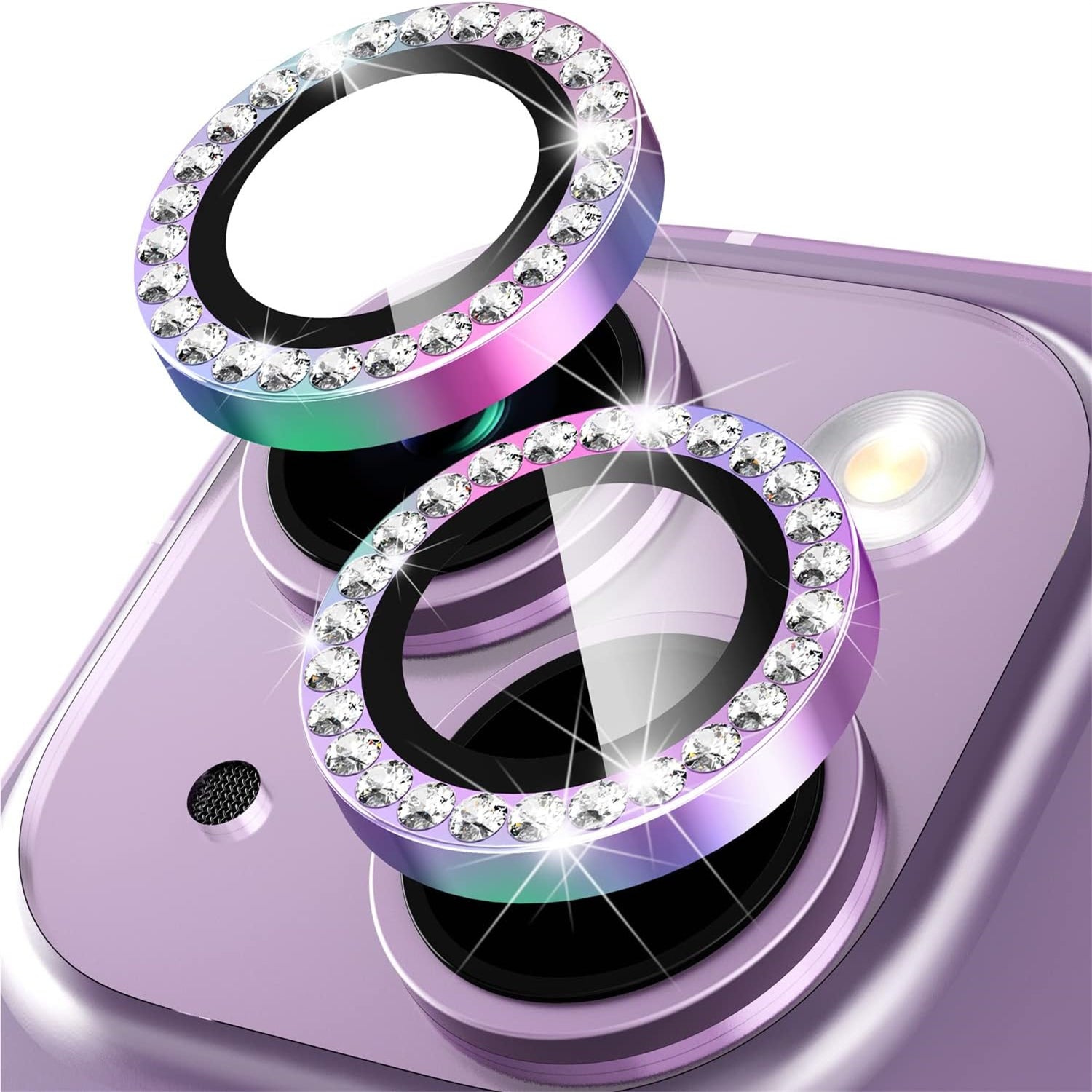 Uniqkart for iPhone 15 / 15 Plus Bling Rhinestone Camera Lens Protector Set Colorful Metal Ring Tempered Glass Lens Film