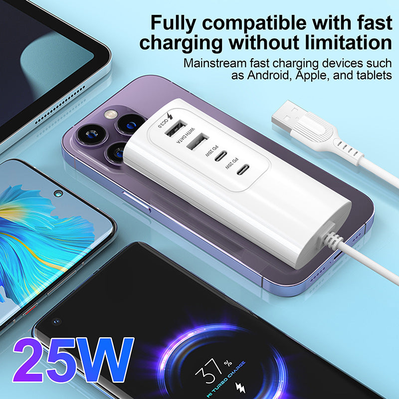 1m USB Plug PD 25W 2 USB + 2 Type-C Fast Charge Power Socket Phone Tablet Bluetooth Earphone Charger
