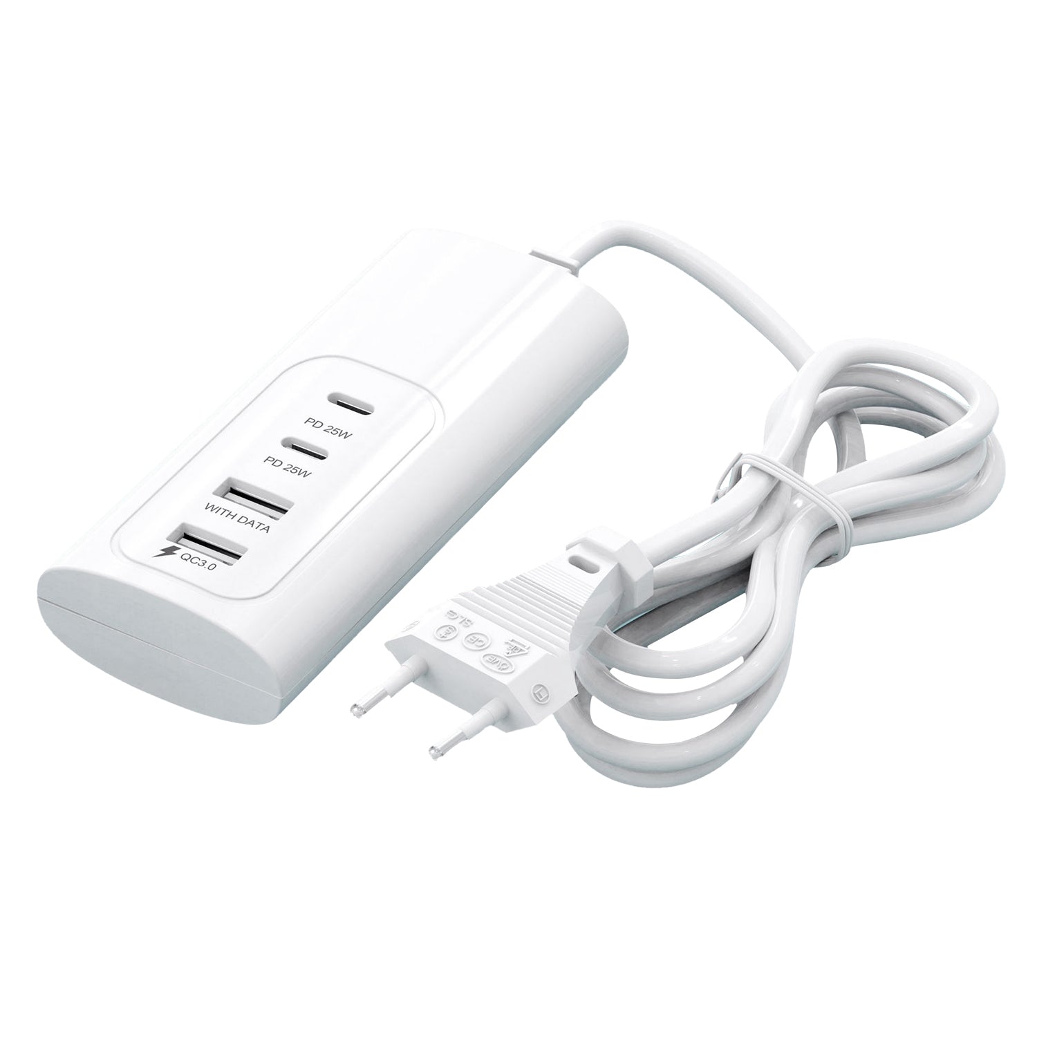 1m EU Plug PD 25W Fast Charger 2 USB + 2 Type-C Phone Tablet Bluetooth Earphone Charging Station