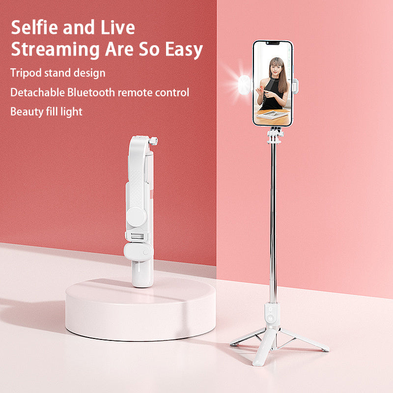 Z100S 100cm Foldable Extendable Selfie Stick Tripod Stand with Rechargeable Bluetooth Remote Control and LED Fill Light - White