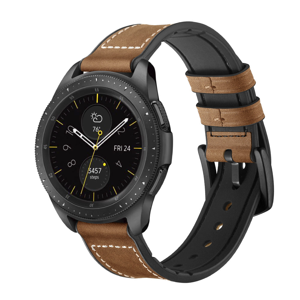 for Samsung Galaxy Watch4 Classic 46mm 42mm/Galaxy Watch4 44mm 40mm/Galaxy Watch 42mm 20mm Silicone Cowhide Leather GW-Midnight Black Watch Band - Brown