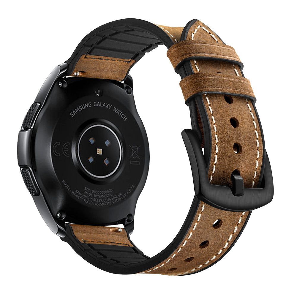 for Samsung Galaxy Watch4 Classic 46mm 42mm/Galaxy Watch4 44mm 40mm/Galaxy Watch 42mm 20mm Silicone Cowhide Leather GW-Midnight Black Watch Band - Brown