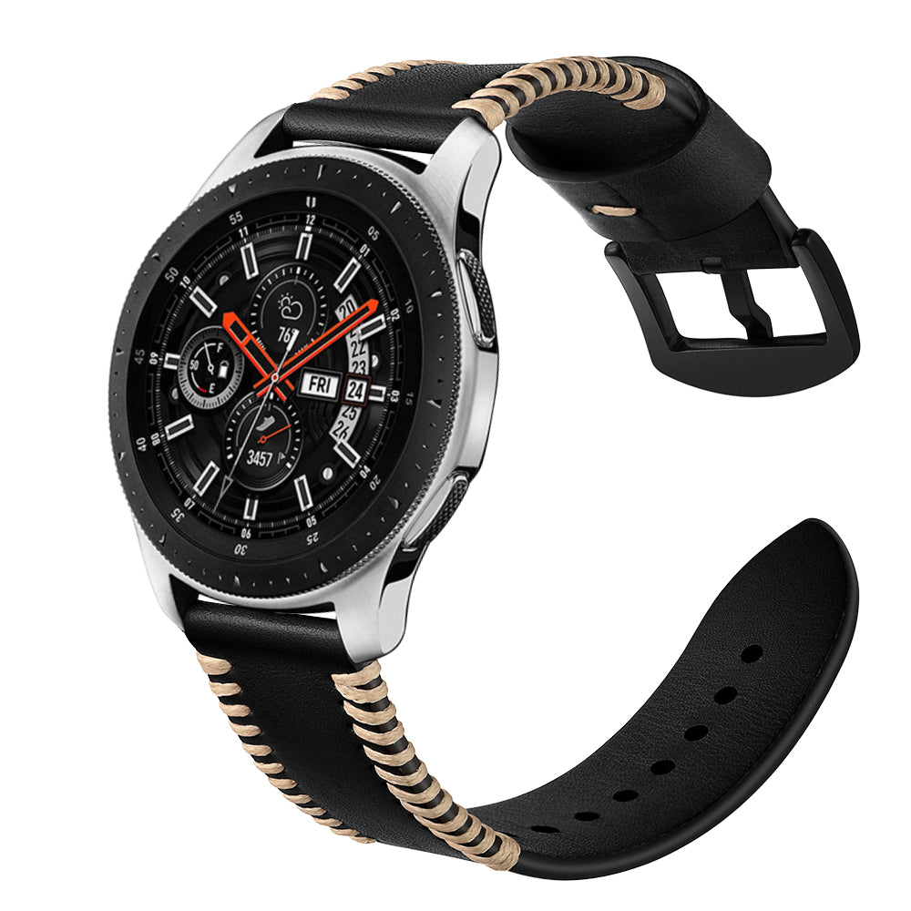 22mm Pork Ribs Style Genuine Leather Coated Smart Watch Band for Samsung Galaxy Watch 46mm - Black