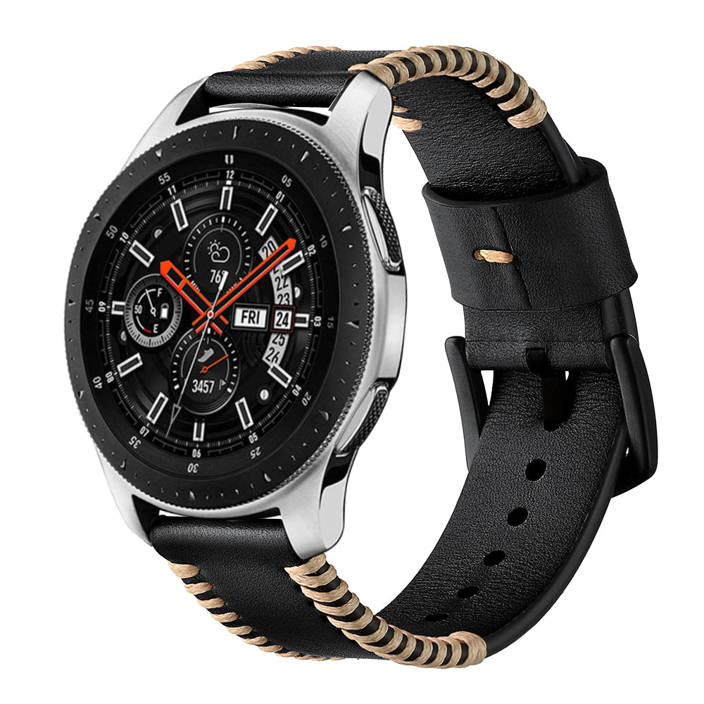 22mm Pork Ribs Style Genuine Leather Coated Smart Watch Band for Samsung Galaxy Watch 46mm - Black