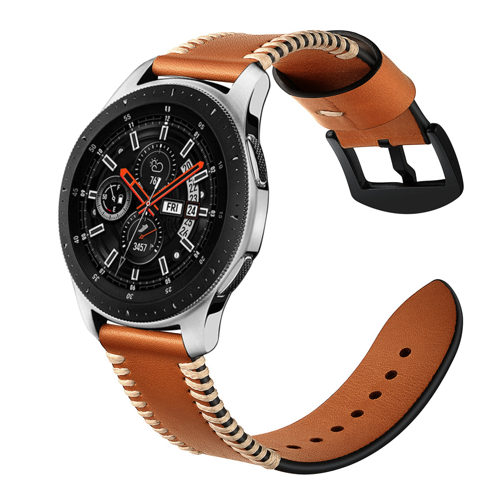 22mm Pork Ribs Style Genuine Leather Coated Smart Watch Band for Samsung Galaxy Watch 46mm - Brown