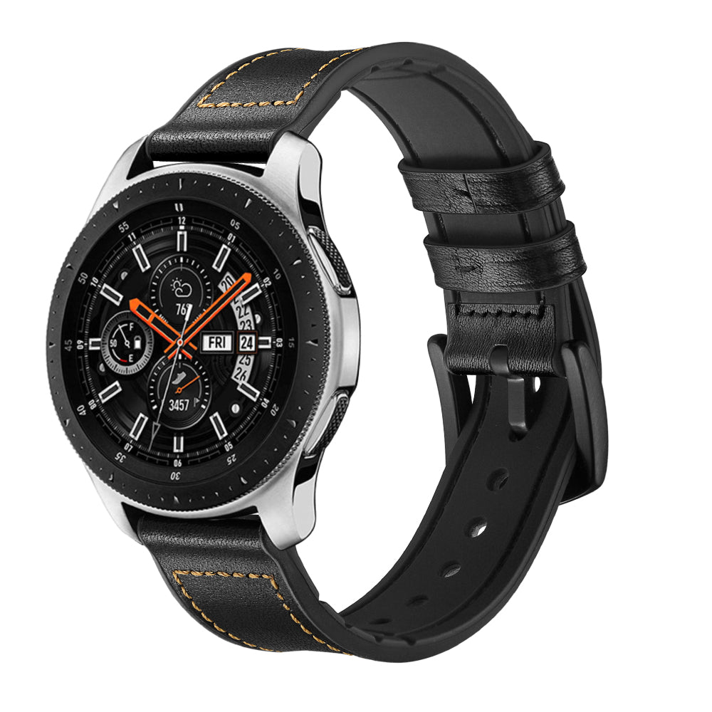 Uniqkart for Samsung Galaxy Watch 46mm Silicone Cowhide Leather GW-Titanium Silver 22mm Watch Band - Black