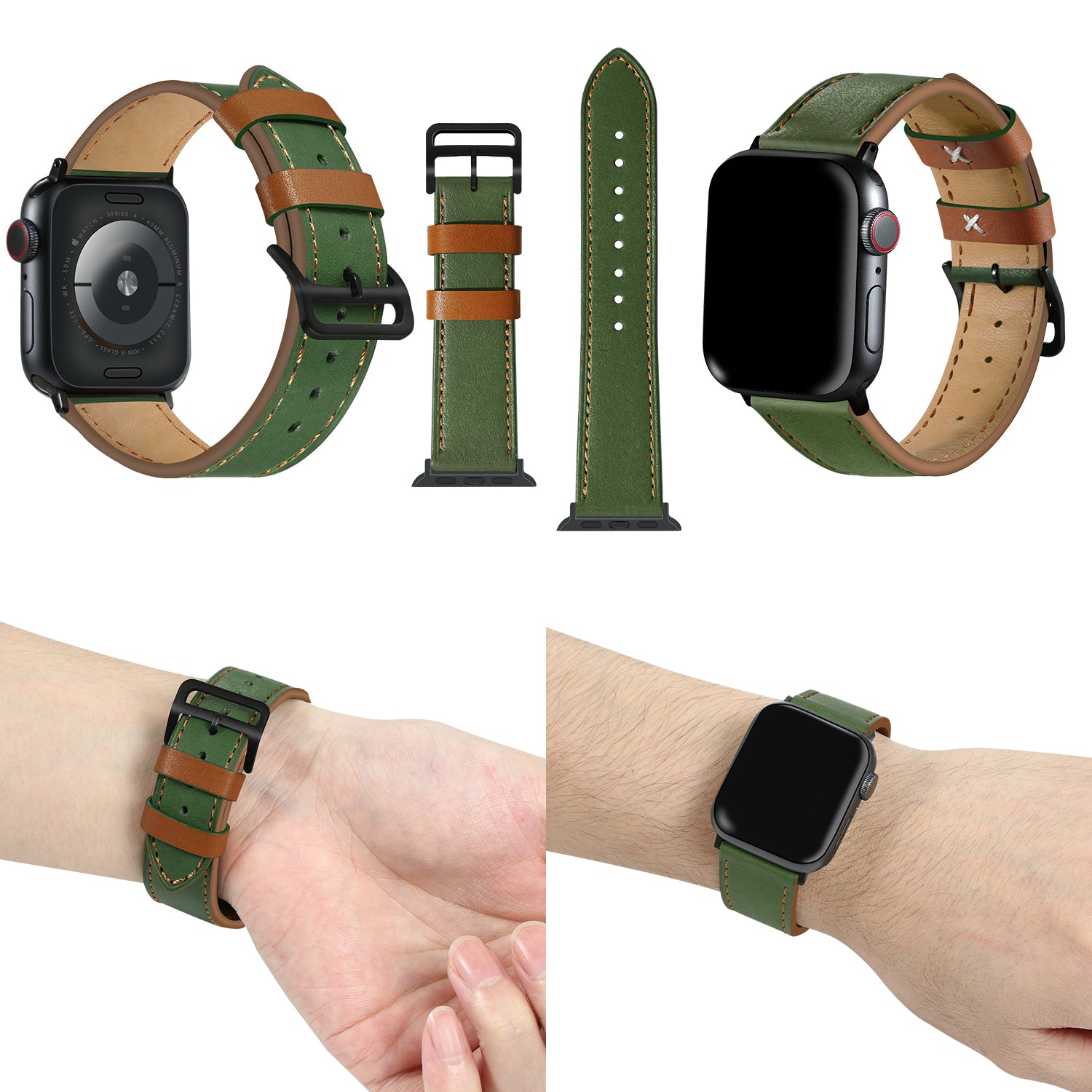 Fresh Contrast Color Genuine Leather Watch Strap for Apple Watch Series 8 7 41mm / Series 6 / SE / SE(2022) / 5 / 4 40mm, Series 3 / 2 / 1 38mm - Green / Brown Line