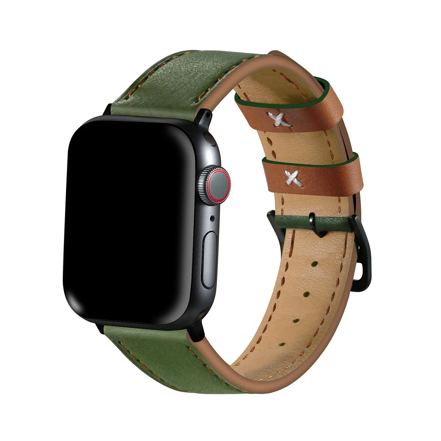 Fresh Contrast Color Genuine Leather Watch Strap for Apple Watch Series 8 7 41mm / Series 6 / SE / SE(2022) / 5 / 4 40mm, Series 3 / 2 / 1 38mm - Green / Brown Line