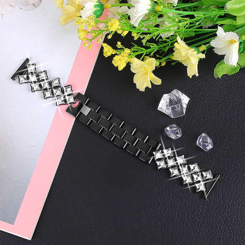 22mm Replacement Bracelet Watch Band Rhombus Rhinestone Stainless Steel Metal Wristband Strap for Samsung Galaxy Watch3 45mm / Watch 46mm - Black