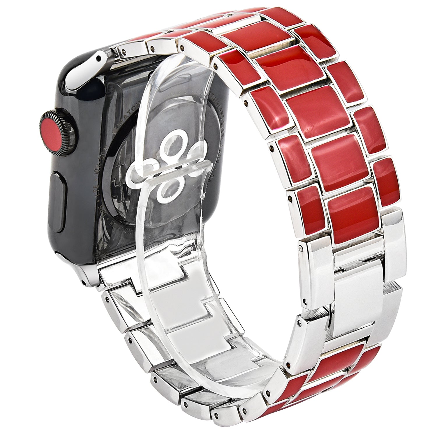 3 Beads Metal Epoxy Watch Strap Wristband Replacement for Apple Watch Ultra 49mm / Series 8 45mm / 7 45mm / Series 6 / 5 / 4 / SE 44mm / SE (2022) 44mm / Series 3 / 2 / 1 42mm - Red / Silver