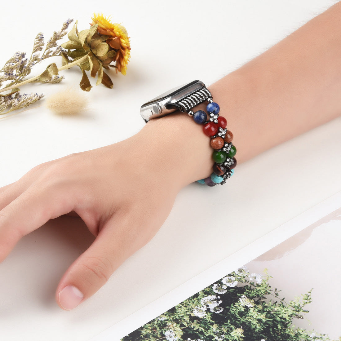 Rhinestone Decor Multi-color Beads Bracelet Wrist Strap Smart Watch Band for Apple Watch Ultra 49mm / Series 8 45mm / 7 45mm / Series 6 / 5 / 4 / SE 44mm / SE (2022) 44mm Series 3 / 2 / 1 42mm - Black