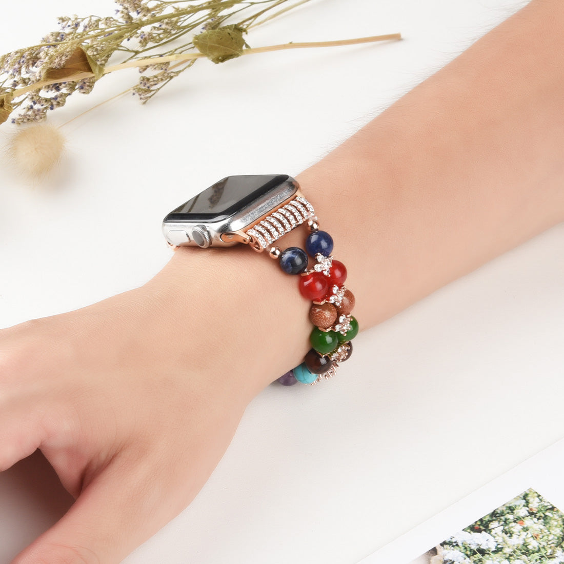 Rhinestone Decor Multi-color Beads Bracelet Wrist Strap Smart Watch Band for Apple Watch Ultra 49mm / Series 8 45mm / 7 45mm / Series 6 / 5 / 4 / SE 44mm / SE (2022) 44mm Series 3 / 2 / 1 42mm - Rose Gold