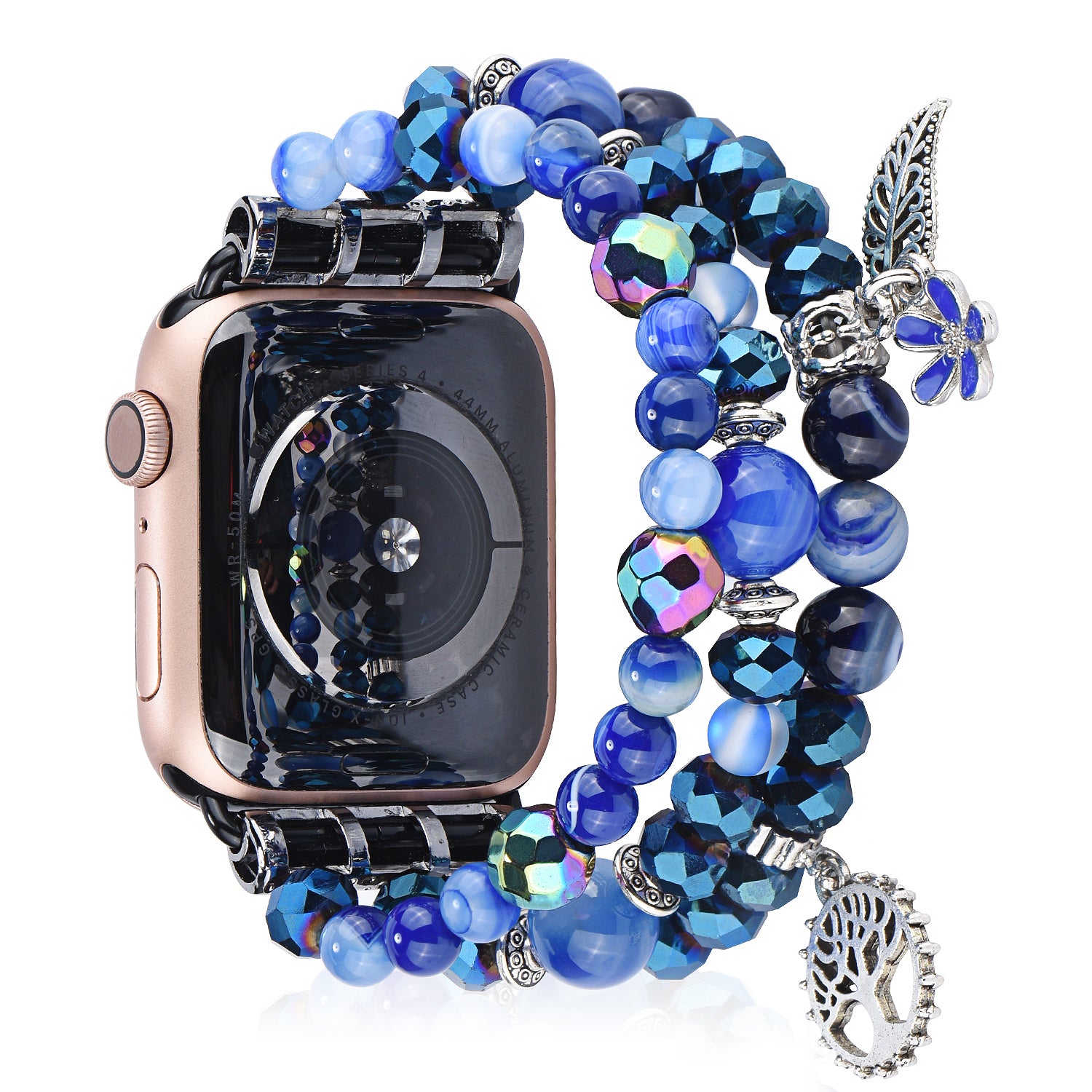 Blue Crystal Beaded Bracelet Watch Strap with Life Tree and Leaf Pendant for Apple Watch Series 8 41mm / Series 7 41mm / 4 / 5 / 6 / SE / SE(2022) 40mm / 1 / 2 / 3 38mm