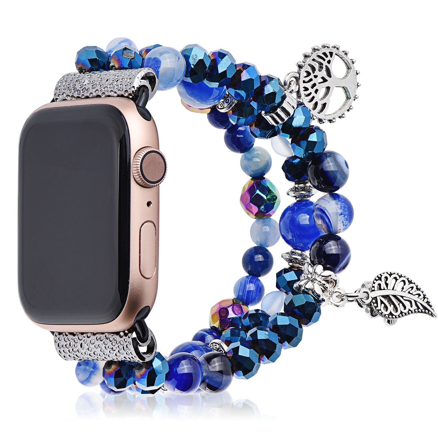 Fashion iWatch Blue Crystal Beaded Bracelet Watchband Strap with Life Tree and Leaf Pendant for Apple Watch Ultra 49mm / Series 8 45mm / 7 45mm / 4 / 5 / 6 / SE 44mm / 1 / 2 / 3 42mm