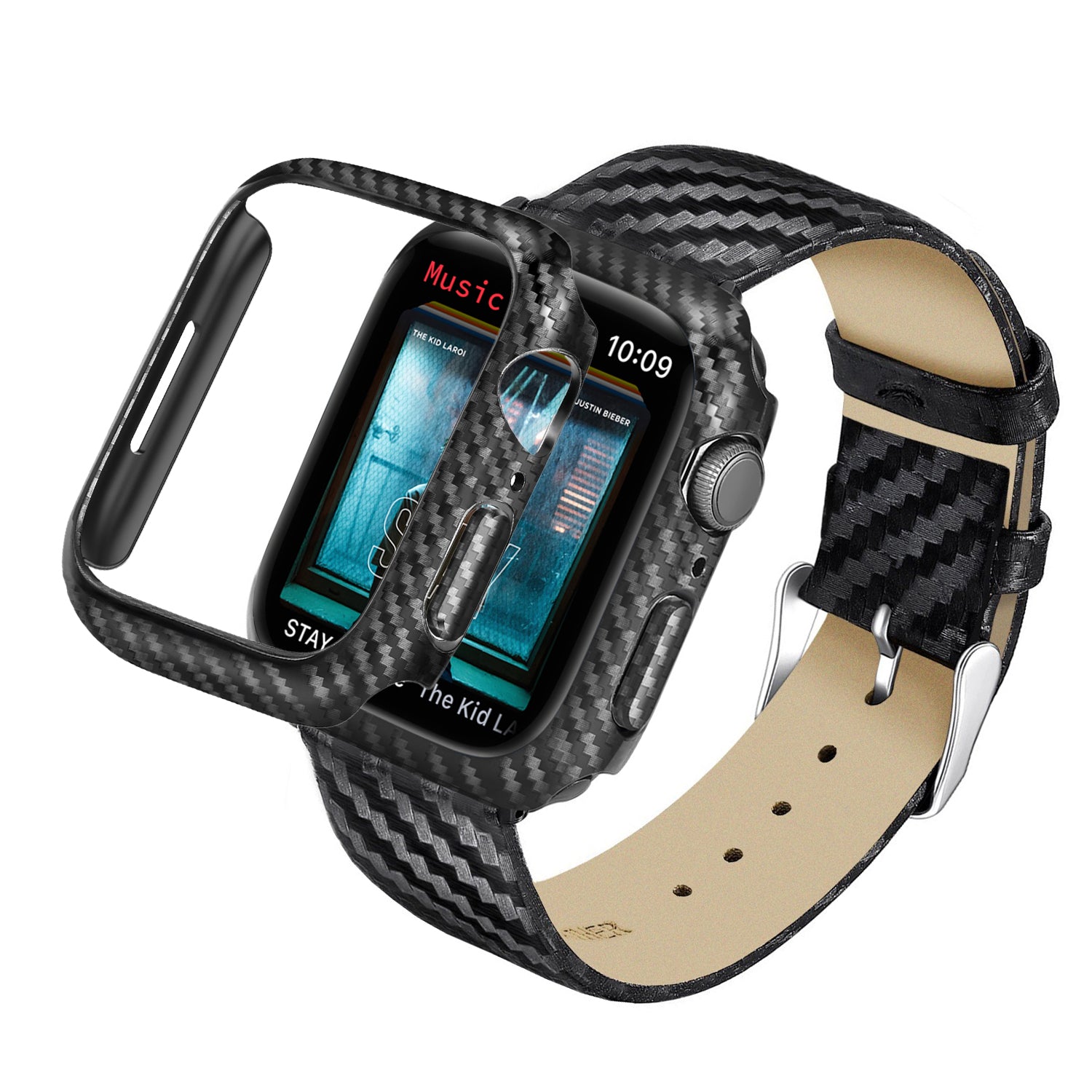Carbon Fiber Smart Watch PC Protective Case Genuine Leather Wrist Band Replacement for Apple Watch Series 1/2/3 38mm