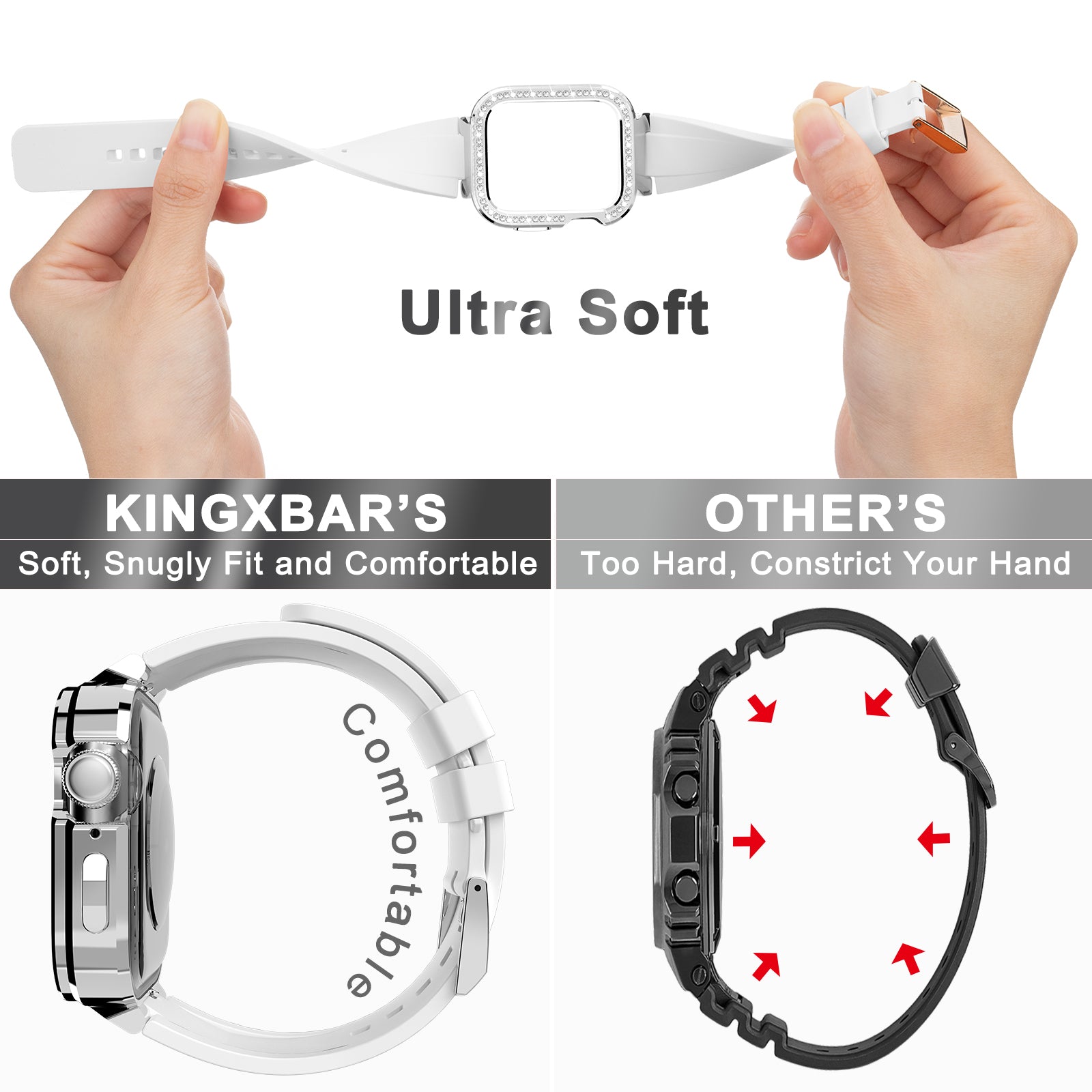 Uniqkart for Apple Watch Series 5/6 40mm/Series 7 41mm Zinc Alloy + TPU Rhinestone Watch Case + TPU Watch Bands - White