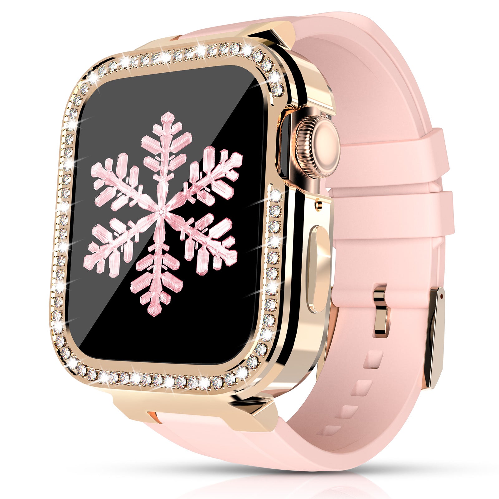 KINGXBAR for Apple Watch Series 5/6 40mm/Series 7 41mm Zinc Alloy + TPU Rhinestone Watch Case + TPU Watch Bands - Pink