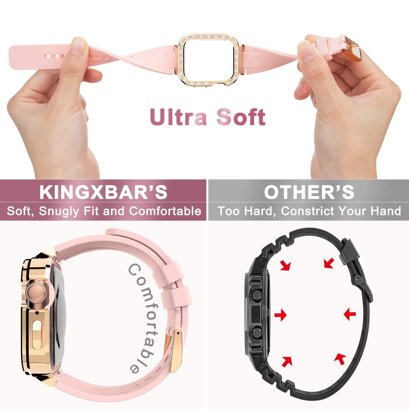 KINGXBAR for Apple Watch Series 5/6 40mm/Series 7 41mm Zinc Alloy + TPU Rhinestone Watch Case + TPU Watch Bands - Pink