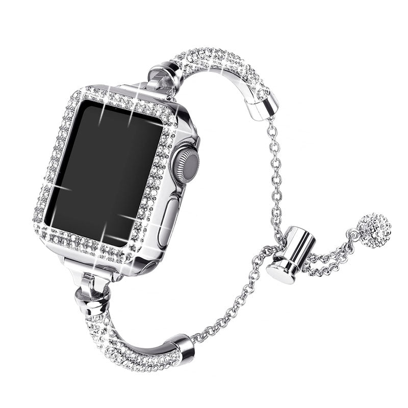 for Apple Watch SE 44mm / SE (2022) 44mm / Series 4 / 5 / 6 44mm Durable Bracelet Metal Rhinestone Decor Fashionable Watch Band + Hollow Out PC Watch Case - Silver