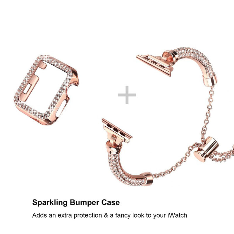 for Apple Watch SE 44mm / SE (2022) 44mm / Series 4 / 5 / 6 44mm Bracelet Metal Rhinestone Decor Durable Smart Watch Band + Hollow Out PC Watch Case - Rose Gold