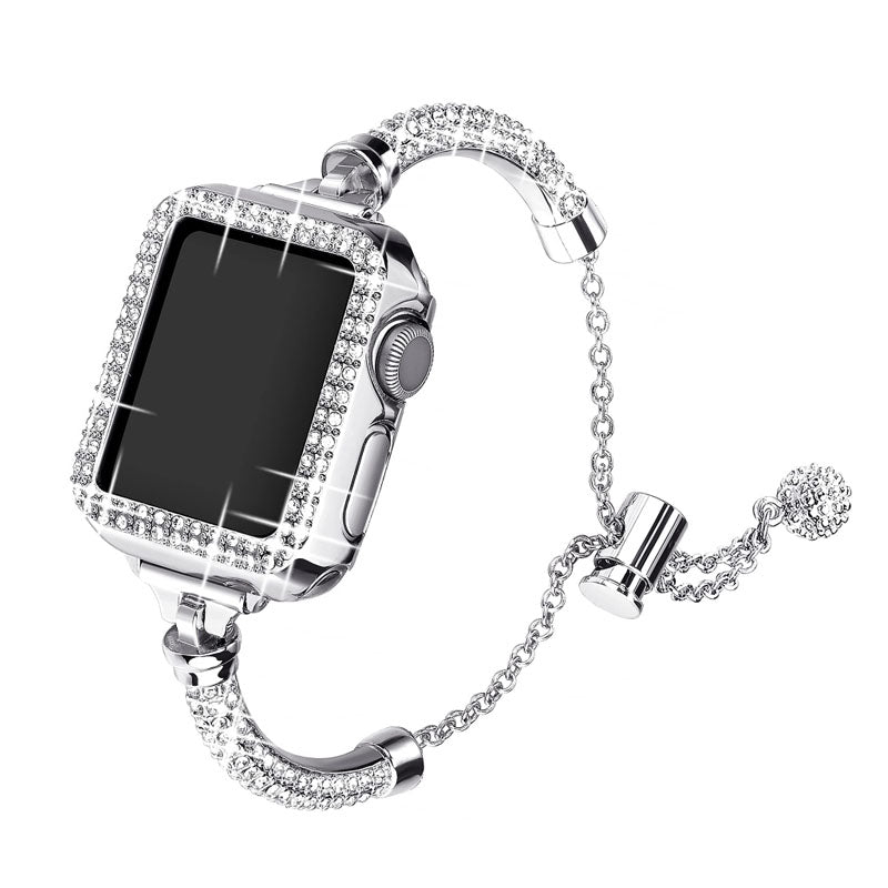 For Apple Watch Series 7 41mm Bracelet Metal Rhinestone Decor Stylish Smart Watch Band + Hollow Out Hard PC Watch Case - Silver