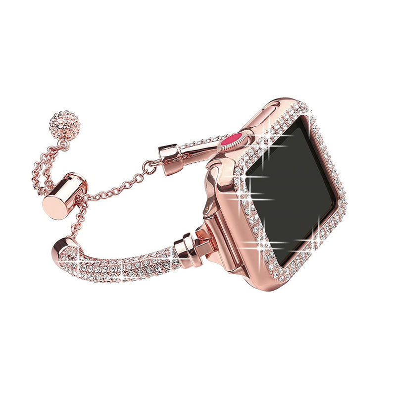 For Apple Watch Series 7 41mm Metal Rhinestone Decor Stylish Smart Watch Band Bracelet + Hollow Out Hard PC Protective Watch Case - Rose Gold