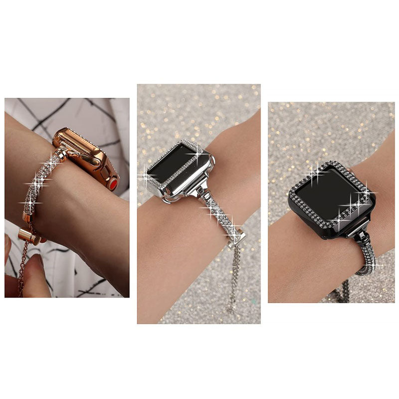 For Apple Watch Series 7 41mm Metal Rhinestone Decor Stylish Smart Watch Band Bracelet + Hollow Out Hard PC Protective Watch Case - Rose Gold