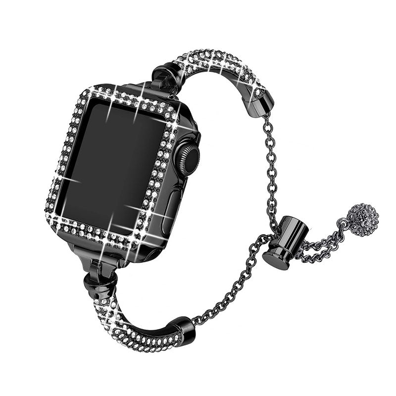 For Apple Watch Series 7 41mm Metal Rhinestone Decor Stylish Smart Watch Band Bracelet + Hollow Out Hard PC Protective Watch Case - Black