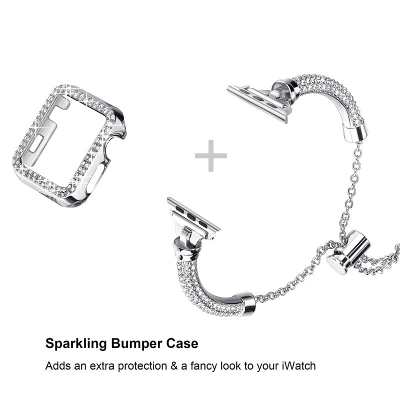 For Apple Watch Series 7 45mm Bracelet Metal Rhinestone Decor Elegant Smart Watch Band + Hollow Out PC Watch Cover Case - Silver