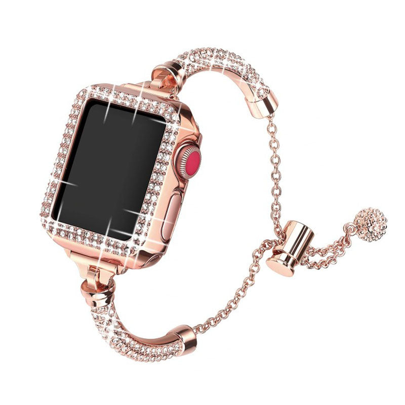 For Apple Watch Series 7 45mm Bracelet Metal Shiny Rhinestone Decor Smart Watch Band + Hollow Out PC Watch Cover Case - Rose Gold
