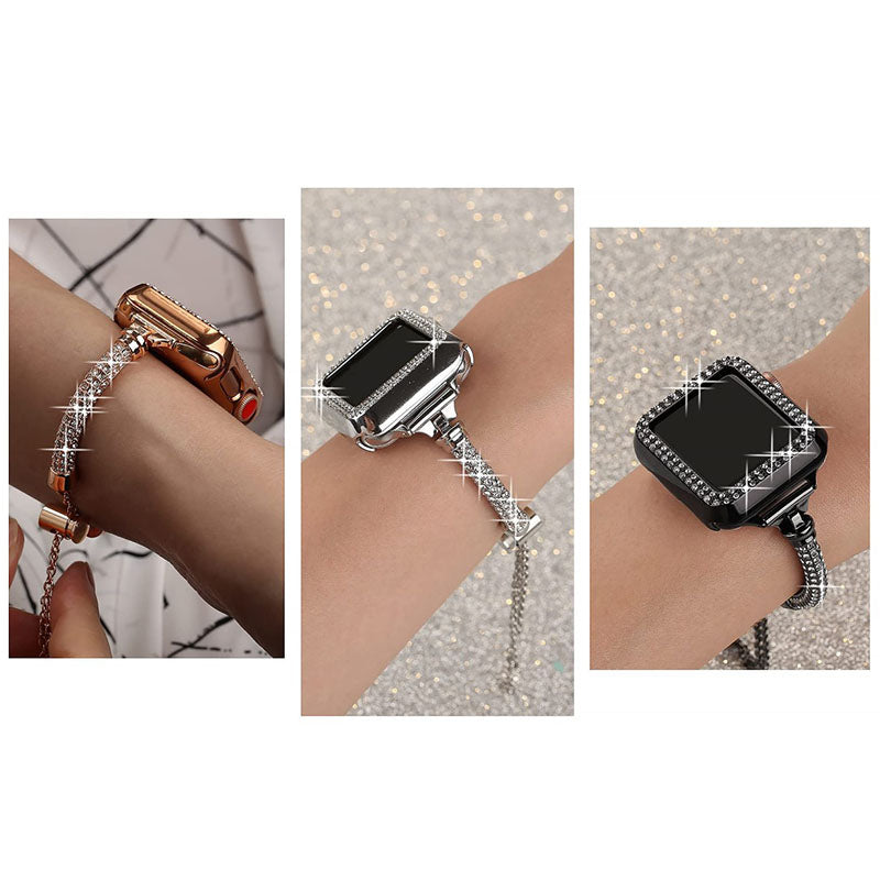 for Apple Watch SE / SE(2022) / Series 4 / 5 / 6 40mm Metal Rhinestone Decor Bracelet Adjustable Watch Band + Hollow Out PC Anti-scratch Watch Case - Silver