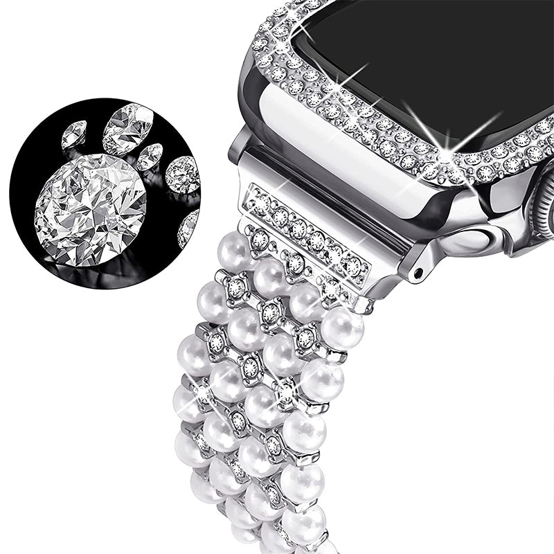 For Apple Watch Series 3/2/1 38mm Stylish Pearl Rhinestone Decor Drawstring Metal Replacement Watch Strap Bracelet + PC Watch Case Frame - Silver