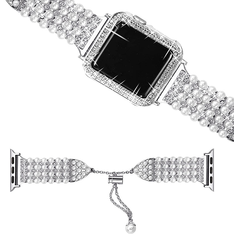 For Apple Watch Series 3/2/1 38mm Stylish Pearl Rhinestone Decor Drawstring Metal Replacement Watch Strap Bracelet + PC Watch Case Frame - Silver
