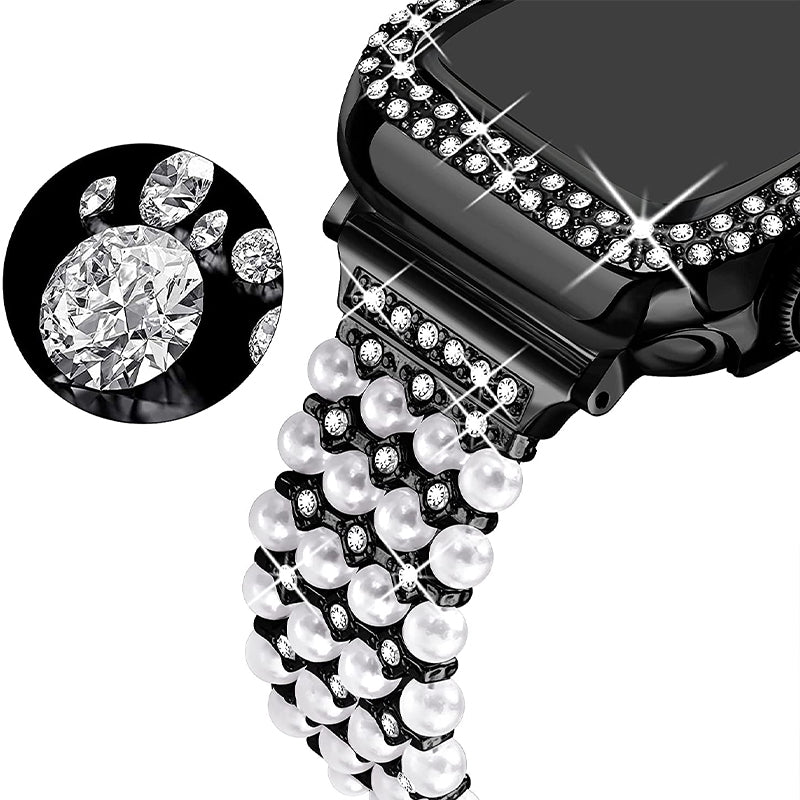 For Apple Watch Series 7 41mm Metal Pearl Rhinestone Decor Bracelet Smart Watch Band + Hollow Out PC Watch Cover Case - Black