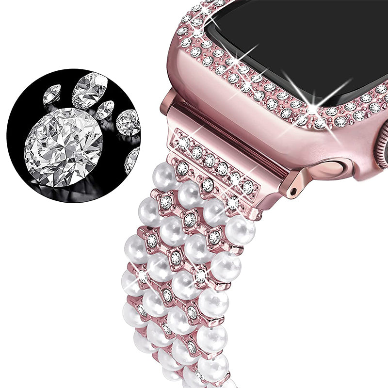 For Apple Watch Series 7 41mm Metal Pearl Rhinestone Decor Bracelet Smart Watch Band + Hollow Out PC Watch Cover Case - Rose Pink