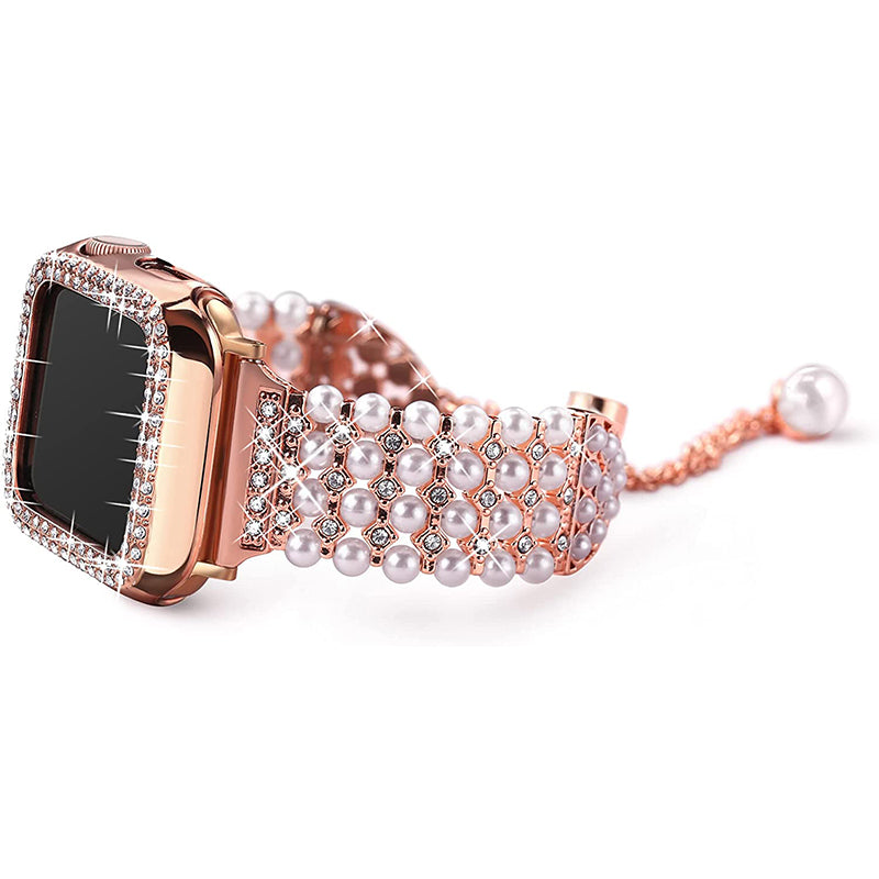 For Apple Watch Series 7 41mm Metal Pearl Rhinestone Decor Bracelet Smart Watch Band + Hollow Out PC Watch Cover Case - Rose Gold
