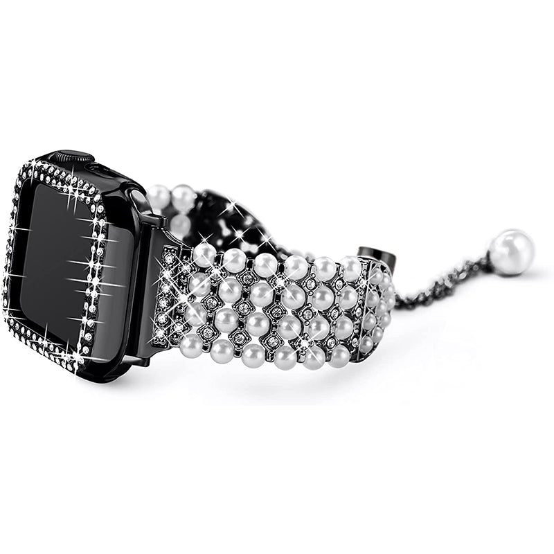 for Apple Watch SE 44mm / SE (2022) 44mm / Series 6 / 5 / 4 44mm Pearl Rhinestone Decor Metal Adjustable Bracelet Watch Band + Hollow Out PC Watch Case - Black
