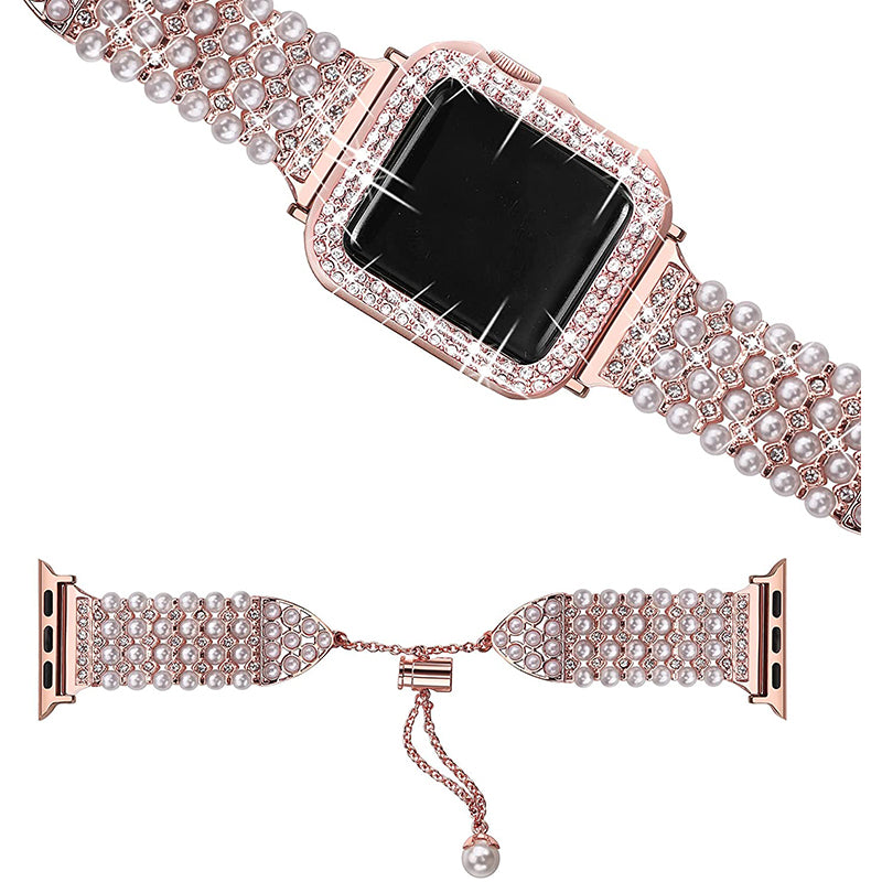 for Apple Watch SE 44mm / SE (2022) 44mm / Series 6 / 5 / 4 44mm Pearl Rhinestone Decor Metal Adjustable Bracelet Watch Band + Hollow Out PC Watch Case - Rose Gold