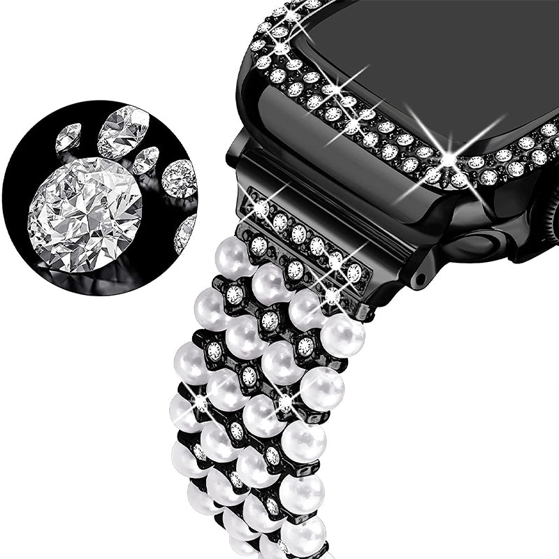 For Apple Watch Series 3/2/1 42mm Pearl Rhinestone Decor Metal Drawstring Design Watch Strap Bracelet + Hollow Out PC Watch Case - Black