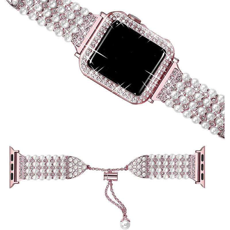 For Apple Watch Series 3/2/1 42mm Pearl Rhinestone Decor Metal Drawstring Design Watch Strap Bracelet + Hollow Out PC Watch Case - Rose Pink