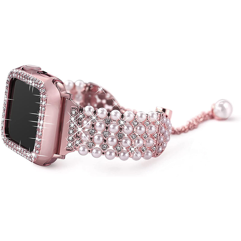 For Apple Watch Series 3/2/1 42mm Pearl Rhinestone Decor Metal Drawstring Design Watch Strap Bracelet + Hollow Out PC Watch Case - Rose Pink
