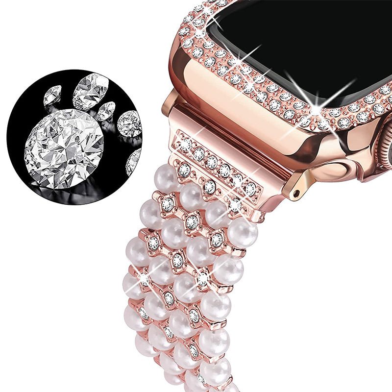 For Apple Watch Series 7 45mm Pearl Rhinestone Decor Drawstring Design Metal Bracelet Watch Strap + PC Watch Frame Protective Case - Rose Gold