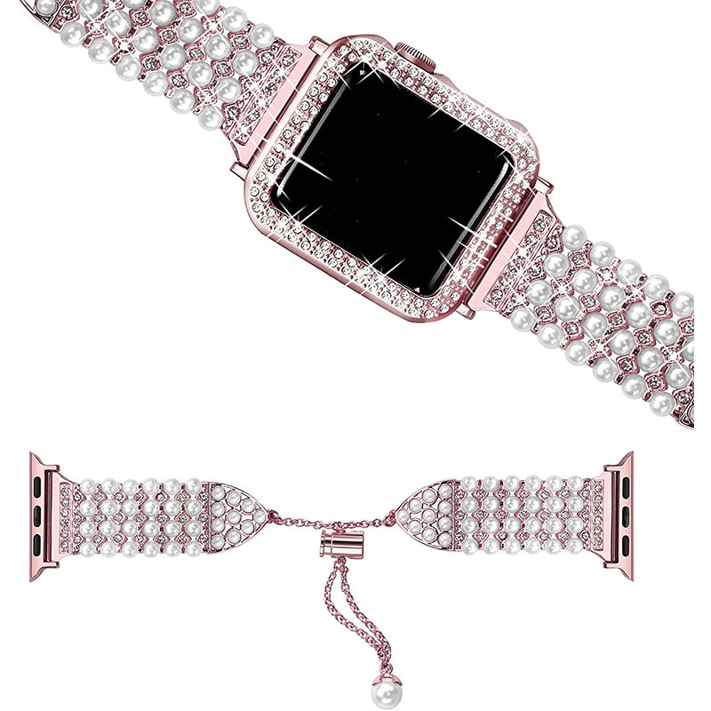 For Apple Watch Series 1/2/3 38mm Spare Watch Band Replacement Artificial Pearl Rhinestone Bracelet + Protective PC Watch Case - Rose Pink