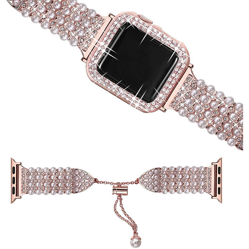For Apple Watch Series 1/2/3 38mm Spare Watch Band Replacement Artificial Pearl Rhinestone Bracelet + Protective PC Watch Case - Rose Gold
