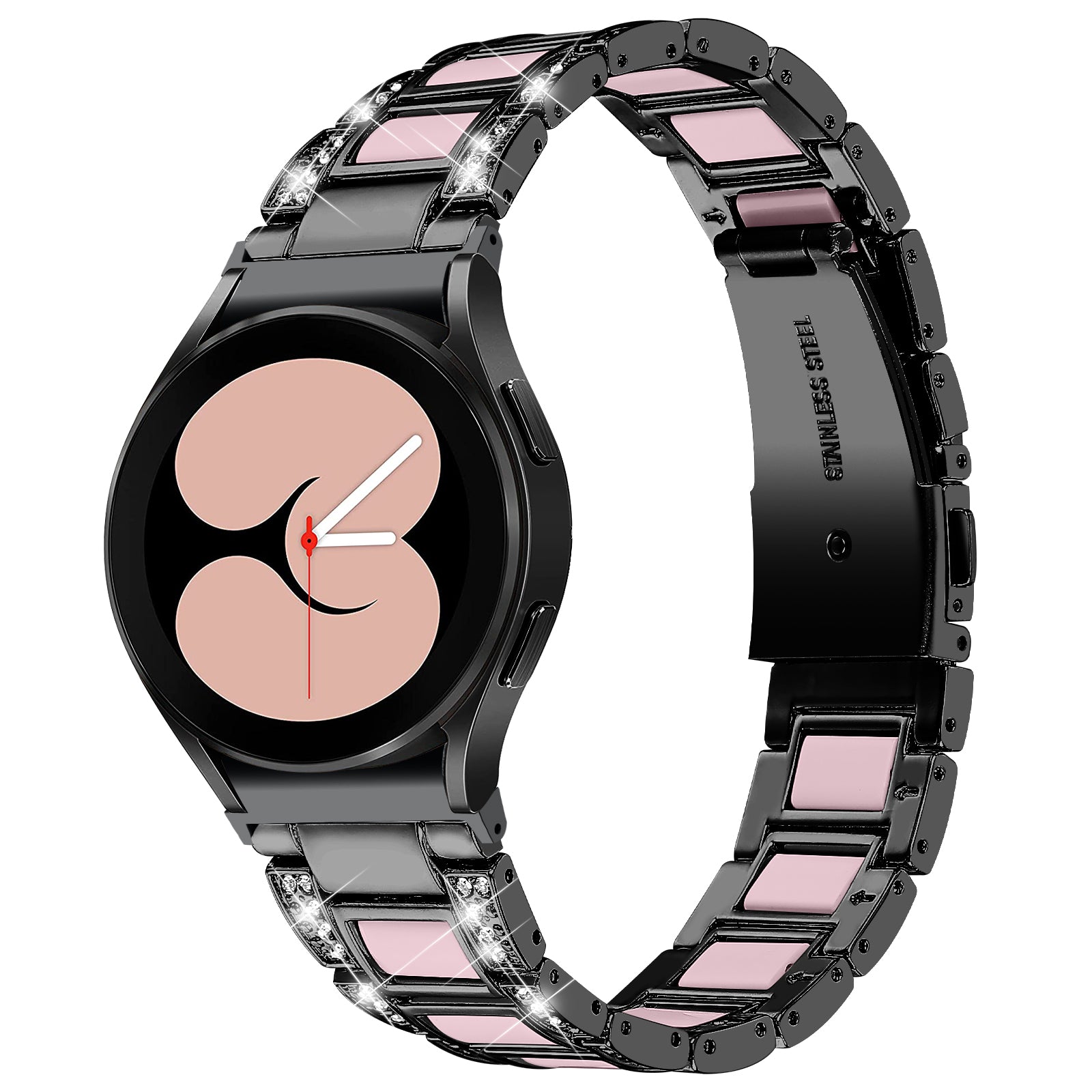 for Samsung Galaxy Watch4 Active 40mm/44mm/Watch4 Classic 42mm/46mm Rhinestone Decor Stainless Steel Resin Watch Band with Watch Strap Adapter - Black/Pink