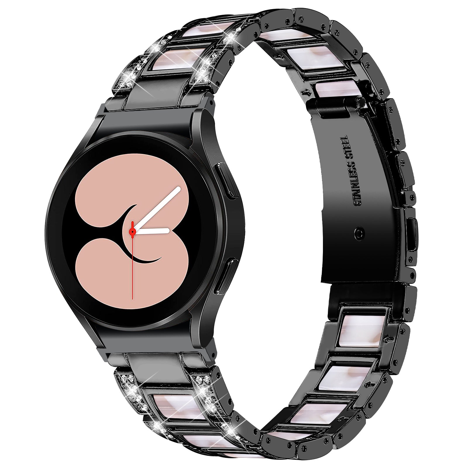 for Samsung Galaxy Watch4 Active 40mm/44mm/Watch4 Classic 42mm/46mm Rhinestone Decor Stainless Steel Resin Watch Band with Watch Strap Adapter - Black/Pink Mix