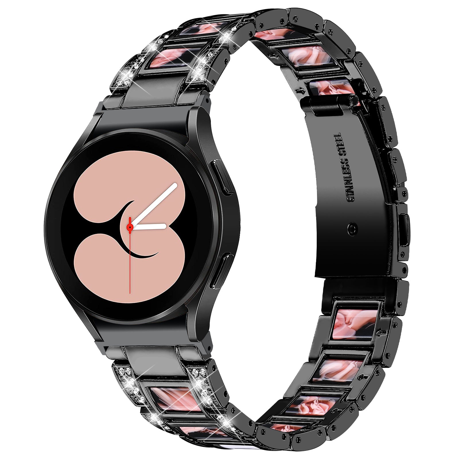 for Samsung Galaxy Watch4 Active 40mm/44mm/Watch4 Classic 42mm/46mm Rhinestone Decor Stainless Steel Resin Watch Band with Watch Strap Adapter - Black/Black Pink Mix