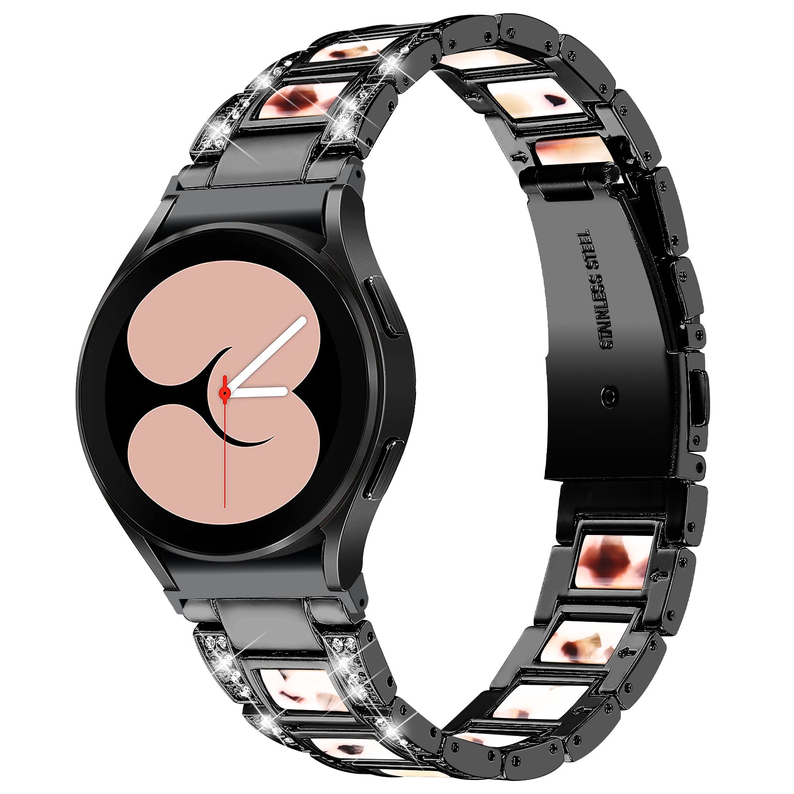 for Samsung Galaxy Watch4 Active 40mm/44mm/Watch4 Classic 42mm/46mm Rhinestone Decor Stainless Steel Resin Watch Band with Watch Strap Adapter - Black/Nougat Pattern