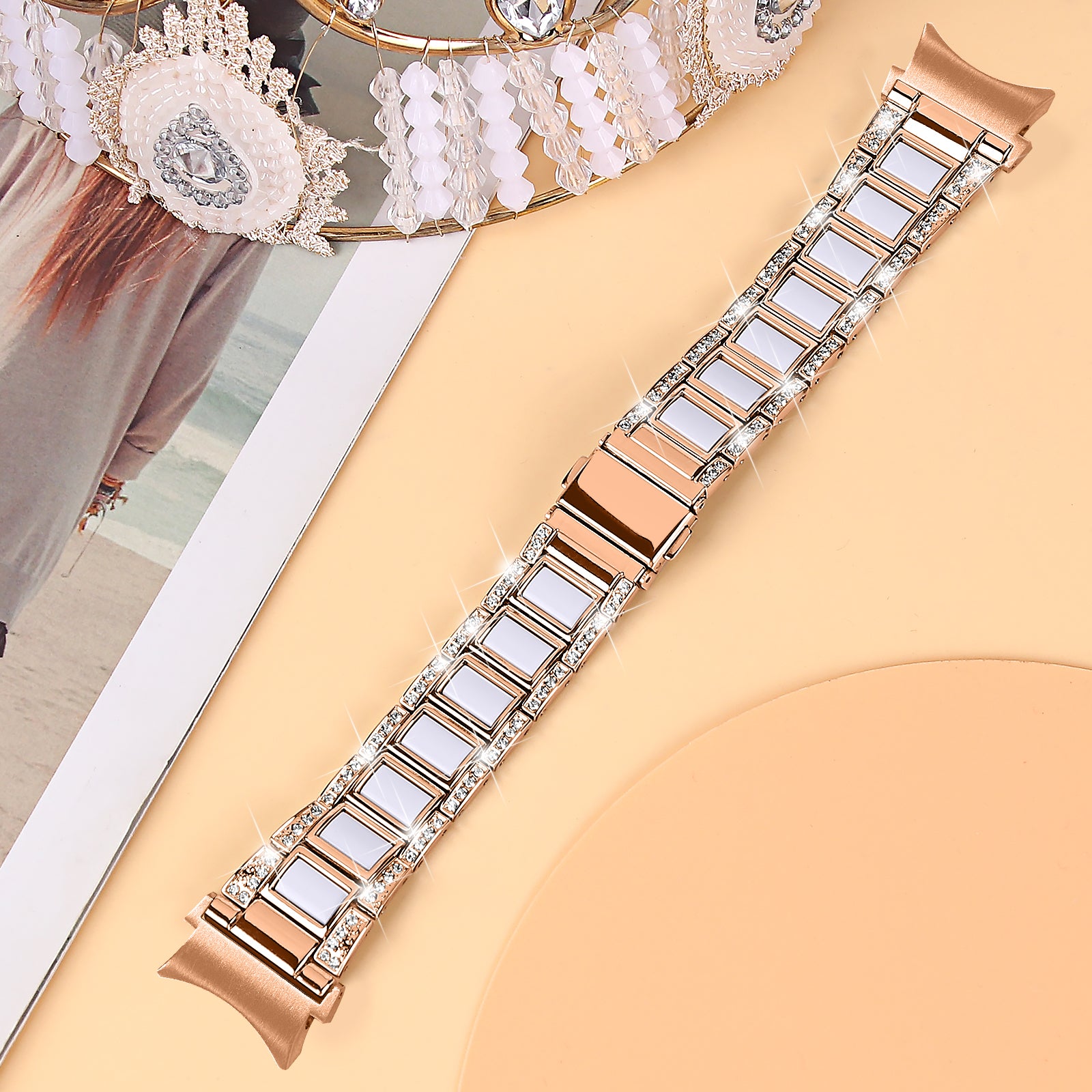 for Samsung Galaxy Watch4 Active 40mm/44mm/Watch4 Classic 42mm/46mm Rhinestone Decor Stainless Steel Resin Watch Band with Watch Strap Adapter - Rose Gold/White